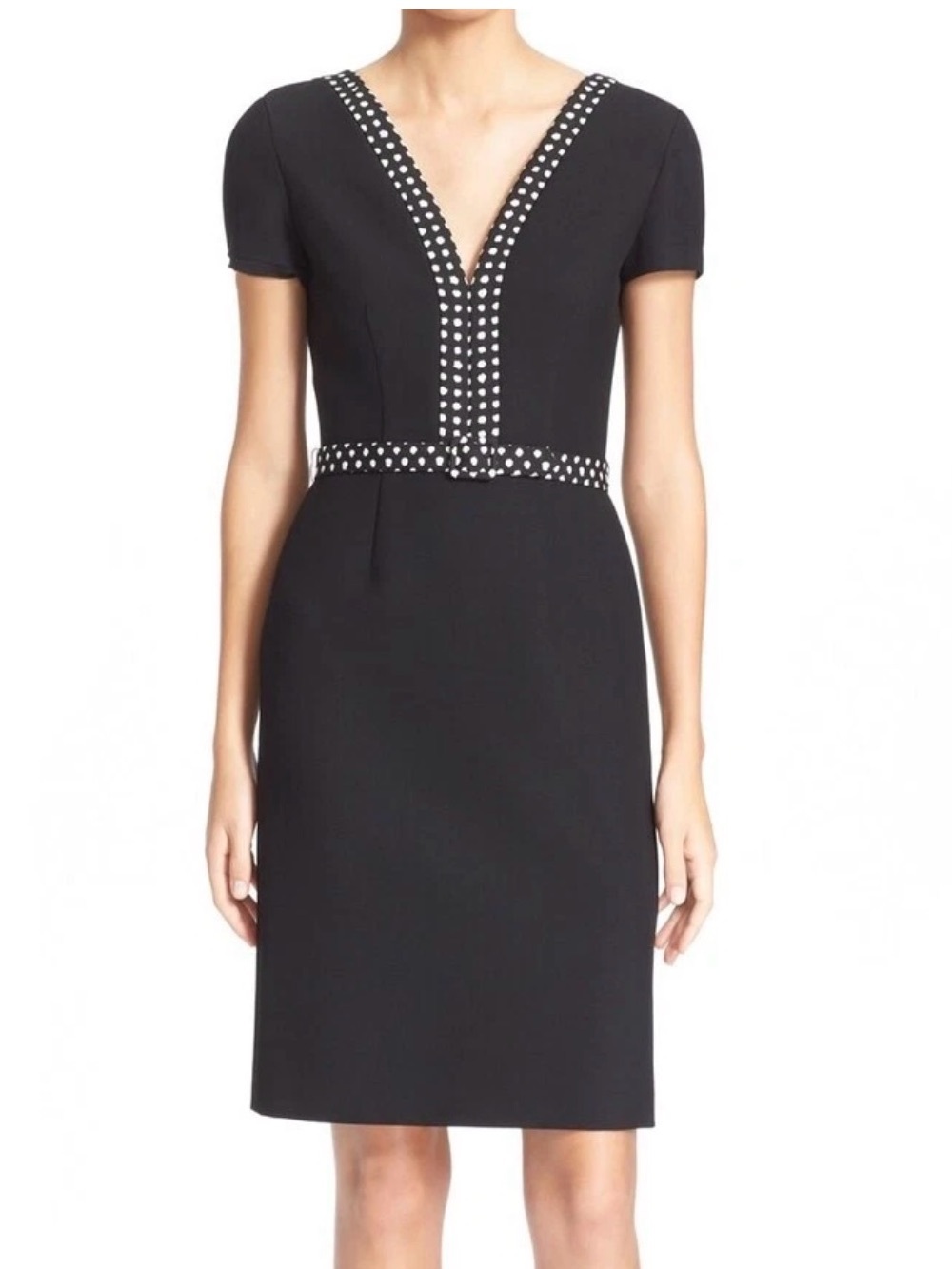 Diane Von Furstenberg MAISIE V-Neck SS Belted Sheath Dress Black/Wht